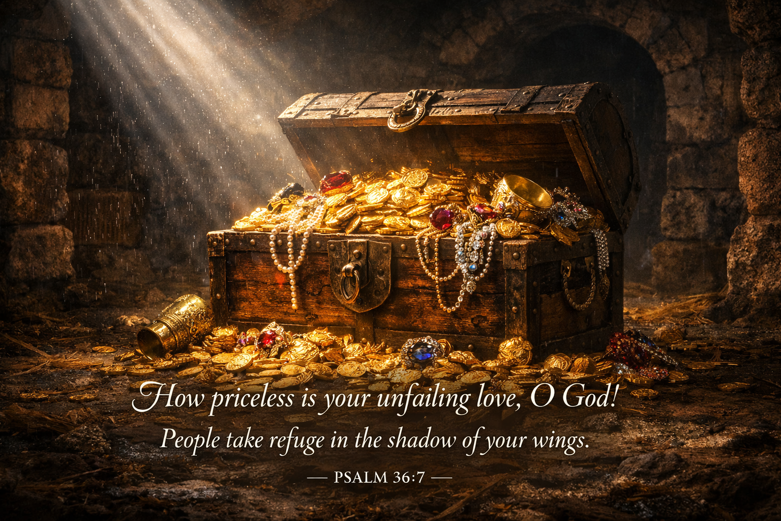 Bible verse Psalm 36:7 treasure chest overflowing gold priceless unfailing love wallpaper